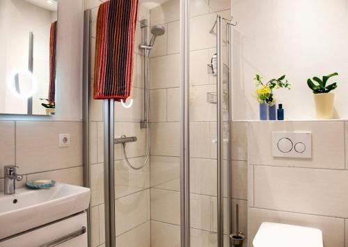 a shower with a glass door in a bathroom at Ferienhaus Dübbel Norderney in Norderney