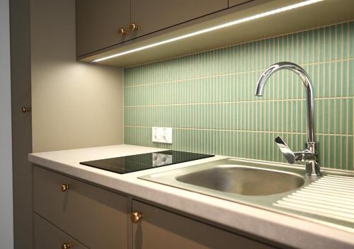 a kitchen with a sink and a green wall at Port Rewa in Rewa