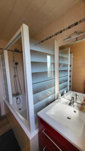 une salle de bain avec un lavabo et une douche dans l'établissement Villa Roz Granit Perros-Guirec, à Saint-Quay-Perros