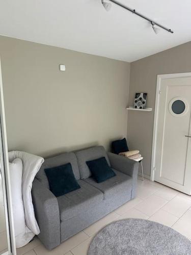 a living room with a gray couch and blue pillows at Stuga Höllviken in Höllviken