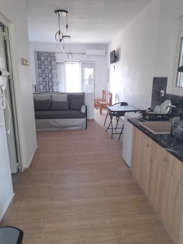 a kitchen and living room with a couch and a table at Φάρος Αρκίτσας in Arkítsa