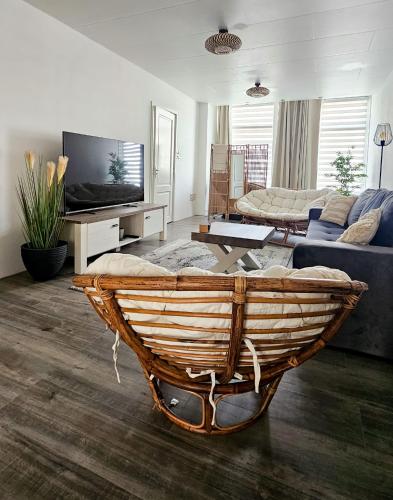 a living room with a couch and a tv at Zeeuwshuisje in Vlissingen