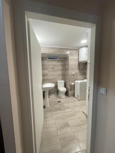 a bathroom with a toilet and a sink at Anastelia Apartments - 1 in Olympiada