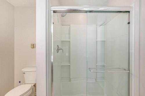 a glass shower door in a bathroom with a toilet at Water-View Home in the Berkshires in Sheffield