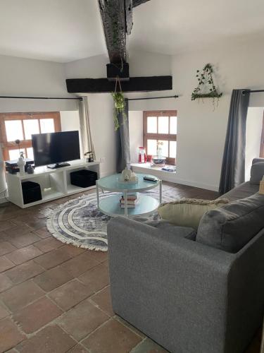 un salon avec un canapé et une table en verre dans l'établissement Cozy loft, à Montauban