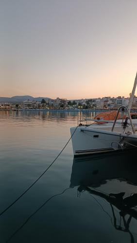 a boat tied to a dock in a body of water at Seaside Breeze Apartment in Sitia