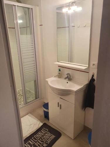 a white bathroom with a sink and a mirror at Joli studio décoré proximité cure centre ville in Rochefort