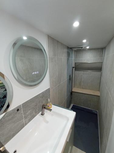 łazienka z umywalką, lustrem i prysznicem w obiekcie Petite Maison de vacances w mieście Tourrettes
