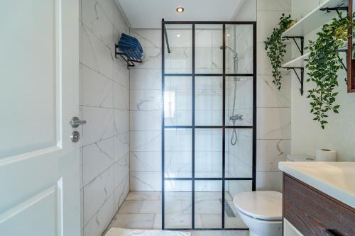 a bathroom with a shower and a toilet at AeroSuite in Nouaceur