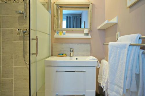 une salle de bain avec un lavabo et une douche dans l'établissement Appartement Vieux Lille avec parking et balcon - Constantine, à Lille