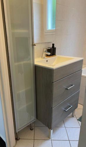 une salle de bain avec un lavabo et une douche dans l'établissement Appart Guy Moquet, à Champigny-sur-Marne