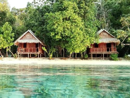 two huts on a tropical island with the water at Risen Raja Ampat in Pulau Birie