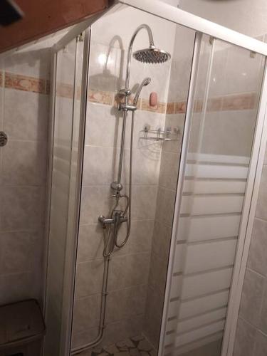 eine Dusche mit Glastür im Badezimmer in der Unterkunft Sunshine Villa in Pointe-Noire