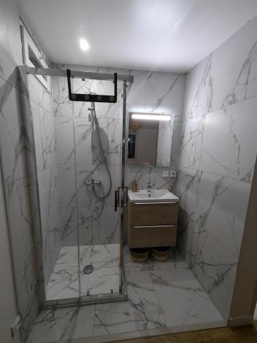 une salle de bain avec douche et lavabo dans l'établissement Petite maison indépendante, à Livry-Gargan