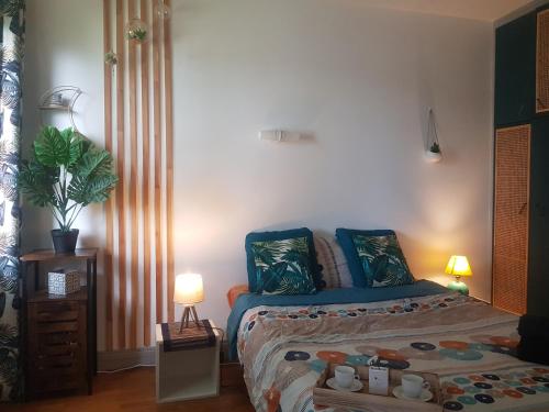 ヴィロフレーにあるLe Chant de Viroflayの青い枕が付いたベッドのある寝室