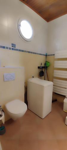 une salle de bain avec toilettes, lavabo et fenêtre dans l'établissement Les hirondelles de L'Embisque, à Bollène