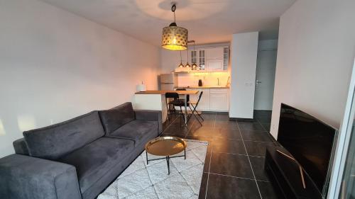 un salon avec un canapé et une cuisine dans l'établissement Appartement Vélodrome Prado Michelet, à Marseille