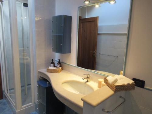 a bathroom with a sink and a shower and a mirror at Appartamento Il Pradello in Corinaldo