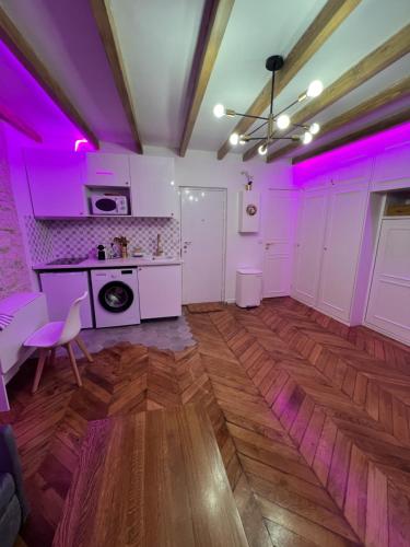 - une cuisine avec des lumières violettes dans l'établissement Studio de charme centre paris 10 min de république, à Paris