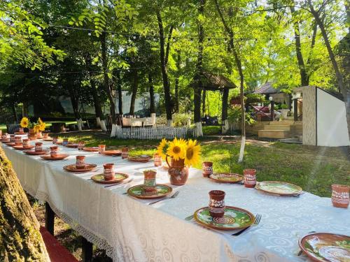 a long table with plates and flowers on it at Agropensiunea La Prisaca in Orhei