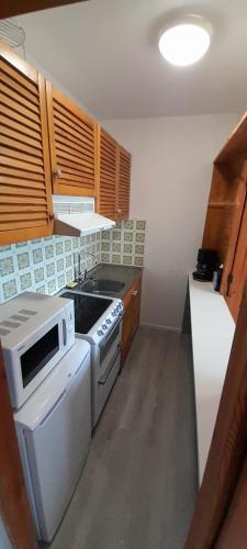 une cuisine avec une cuisinière et un micro-ondes dans l'établissement Appartement 40m2 T2 centre de station Super Besse, à Besse-et-Saint-Anastaise
