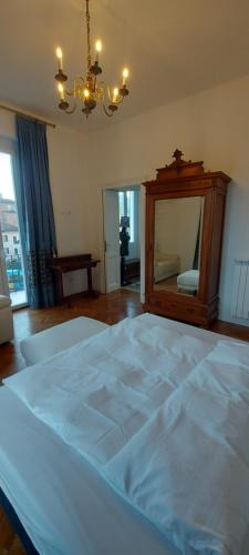 a bedroom with a large bed and a mirror at Ehemaliger Palast, malerische Wohnung, Seeblick, Stellplatz in Laveno