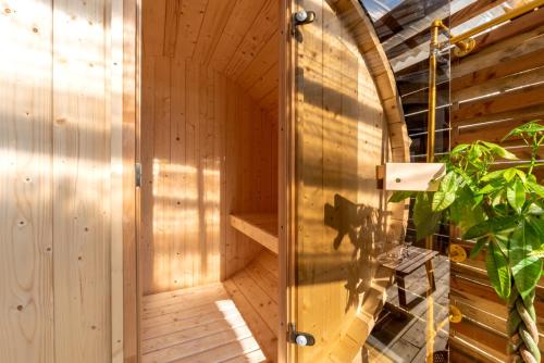 an indoor sauna with a wooden wall at Oulala, amour, parking privé et vive la vie in Rouen