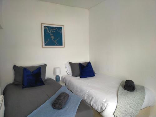 a bedroom with two beds with blue pillows at Newly Renovated 3 Bedroom House, 6 beds with 2 showers, near University Town Centre in Lancaster