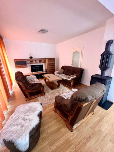 ein Wohnzimmer mit Ledermöbeln und einem Kamin in der Unterkunft Apartment Panonija in Tuzla