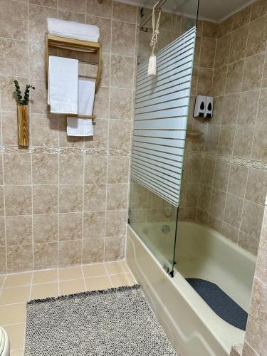 a bathroom with a tub and a shower with a glass door at Apartamento l Vista al Mar Albatros BY JU Juan Dolio in Juan Dolio