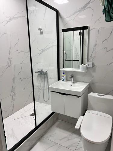 ウランバートルにあるDowntown apartmentのトイレ、洗面台、シャワー付きのバスルーム