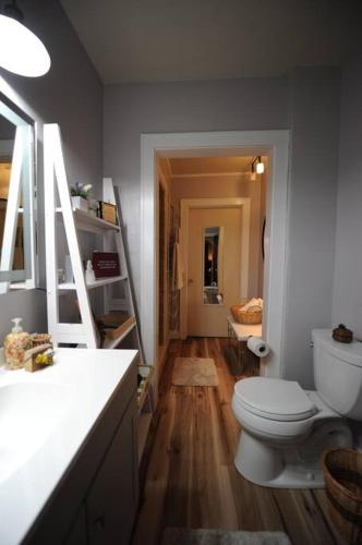 a bathroom with a toilet and a sink and a mirror at Eclectic Riverside Home 3 Season Room Large Deck in Moline