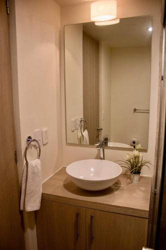 a bathroom with a sink and a large mirror at Condo en Zona de Hospitales Condo en Planta Baja in Mexico City