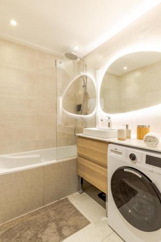 une salle de bain avec une machine à laver et un lavabo dans l'établissement Olympe-Free carpark, 7 min from Old town, Spacious & Calm, à Annecy