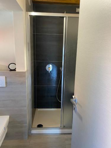 a shower with a glass door in a bathroom at Casa dai nonni in Perledo