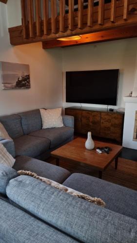 a living room with a couch and a flat screen tv at Saltögården in Strömstad