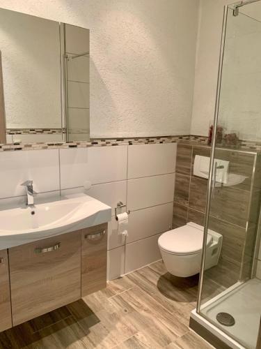a bathroom with a toilet and a sink and a shower at Ferienwohnungen Heidwaldhof in Merzig