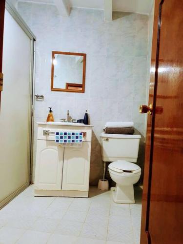 a bathroom with a toilet and a sink and a mirror at Entire Casa Madrigal in the heart of Guanajuato in Guanajuato