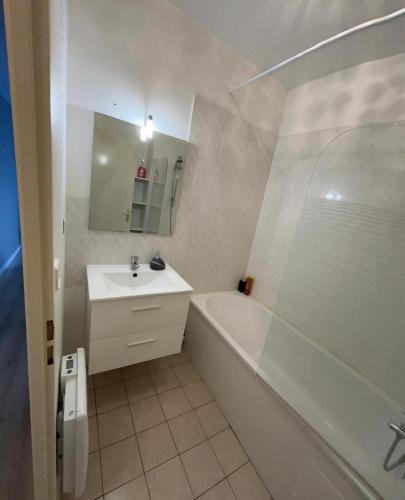 une salle de bain avec une baignoire, un lavabo et une douche dans l'établissement Appartement en centre ville avec cour face au parc pasteur, à Orléans