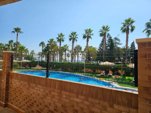 a swimming pool at a resort with palm trees at Apartamento Acapulco III Primera linea in Oropesa del Mar