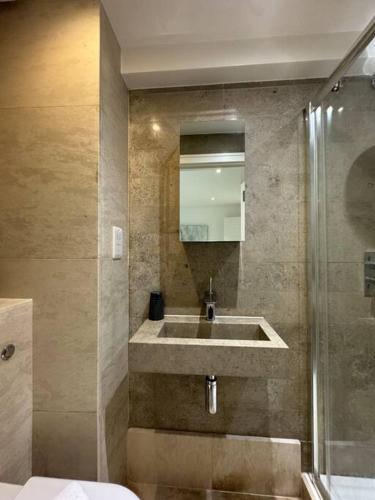 a bathroom with a sink and a shower at Trendy 2BR 2BA Flat in Crystal Palace in Thornton Heath