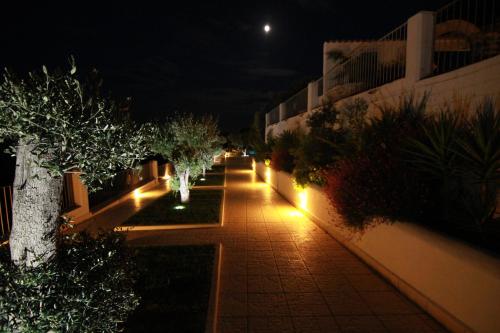 a night view of a courtyard with trees and lights at Residence Montelci in Mattinata