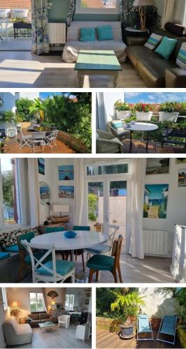 un collage de photos d'un salon avec une table dans l'établissement Villa Zen Plage & Centre Arcachon, à Arcachon