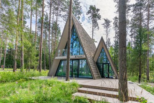 una casa en el bosque con techo triangular en Kuuse elamusmajad, en Pillapalu