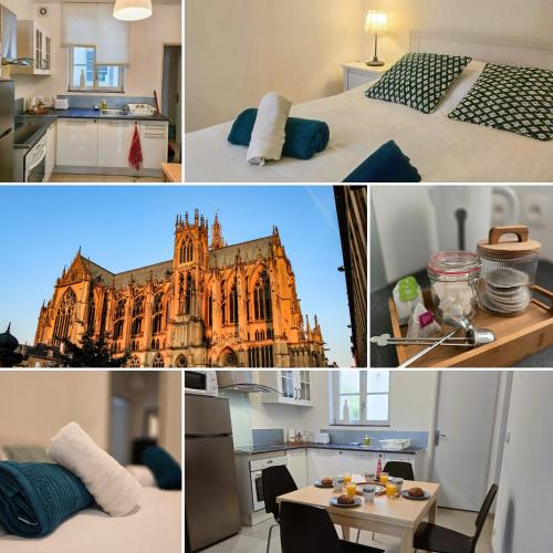 un collage de photos d'un bâtiment et d'une chambre dans l'établissement Le Cinq, à Metz