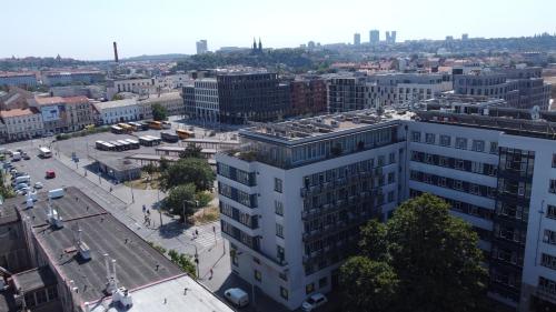 an aerial view of a city with a building at Akcent hotel in Prague