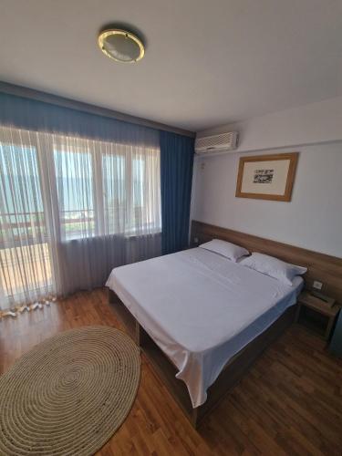 a bedroom with a white bed and a large rug at Poarta Apelor in Sarichioi