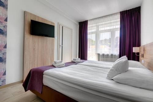 a bedroom with a large bed with a flat screen tv at Silesia Krynica in Krynica Zdrój