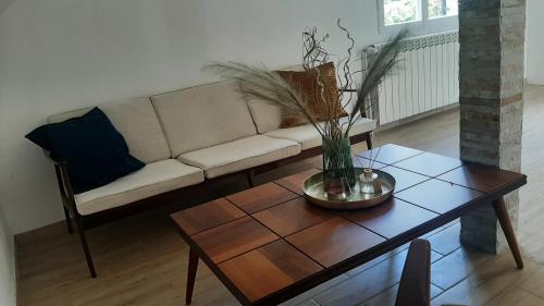 a living room with a couch and a coffee table at Green sanctuary 30 min from downtown Belgrade in Donja Ralja