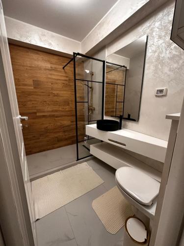 a bathroom with a shower and a toilet and a mirror at Luxury apartament in Mamaia Nord